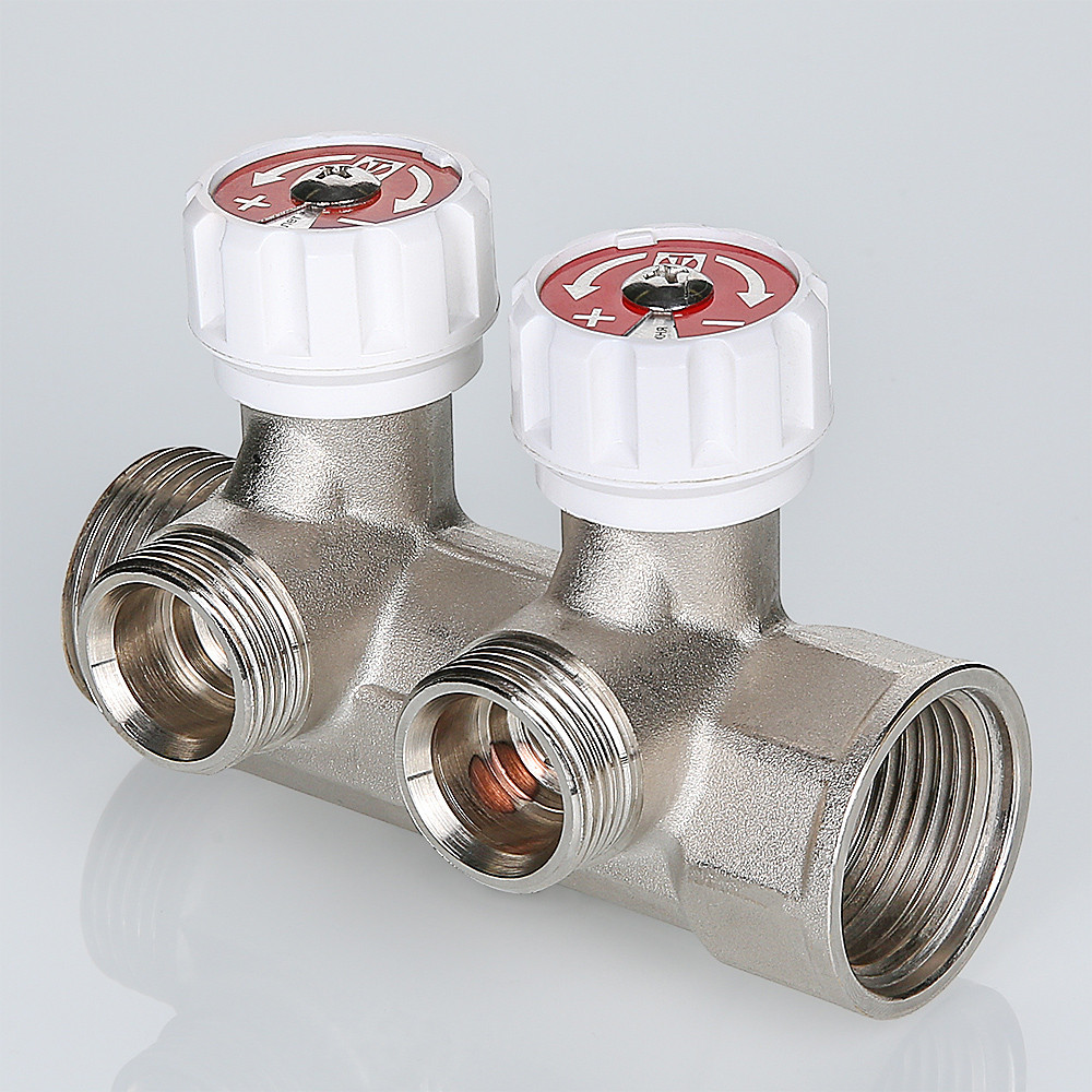 Коллектор с регул. вентилями 1"х2 вых. евроконус 3/4" (на подающий трубопровод) Valtec