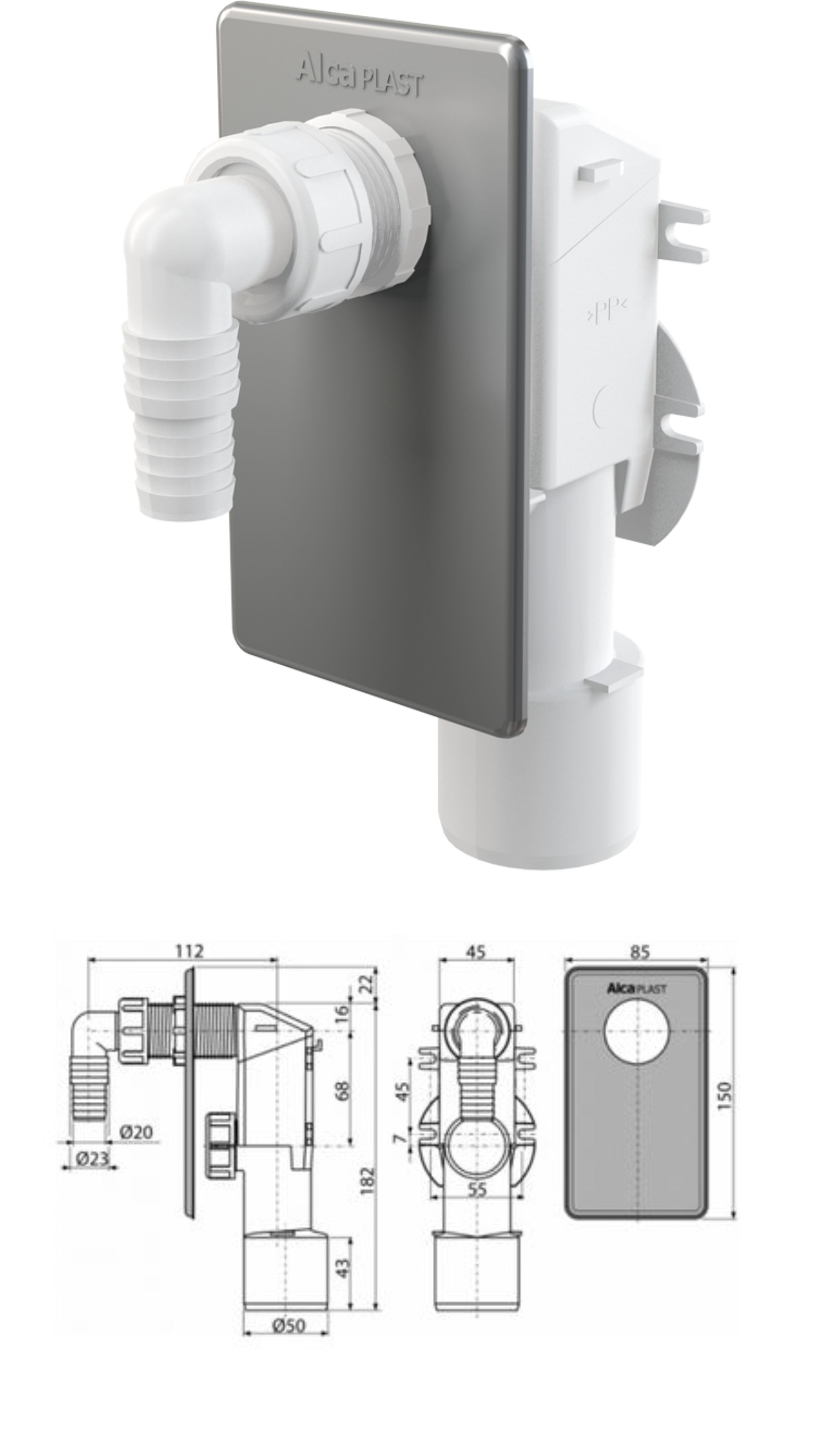 Сифон для стиральной машины под штукатурку хромированный, APS3 AlcaPlast