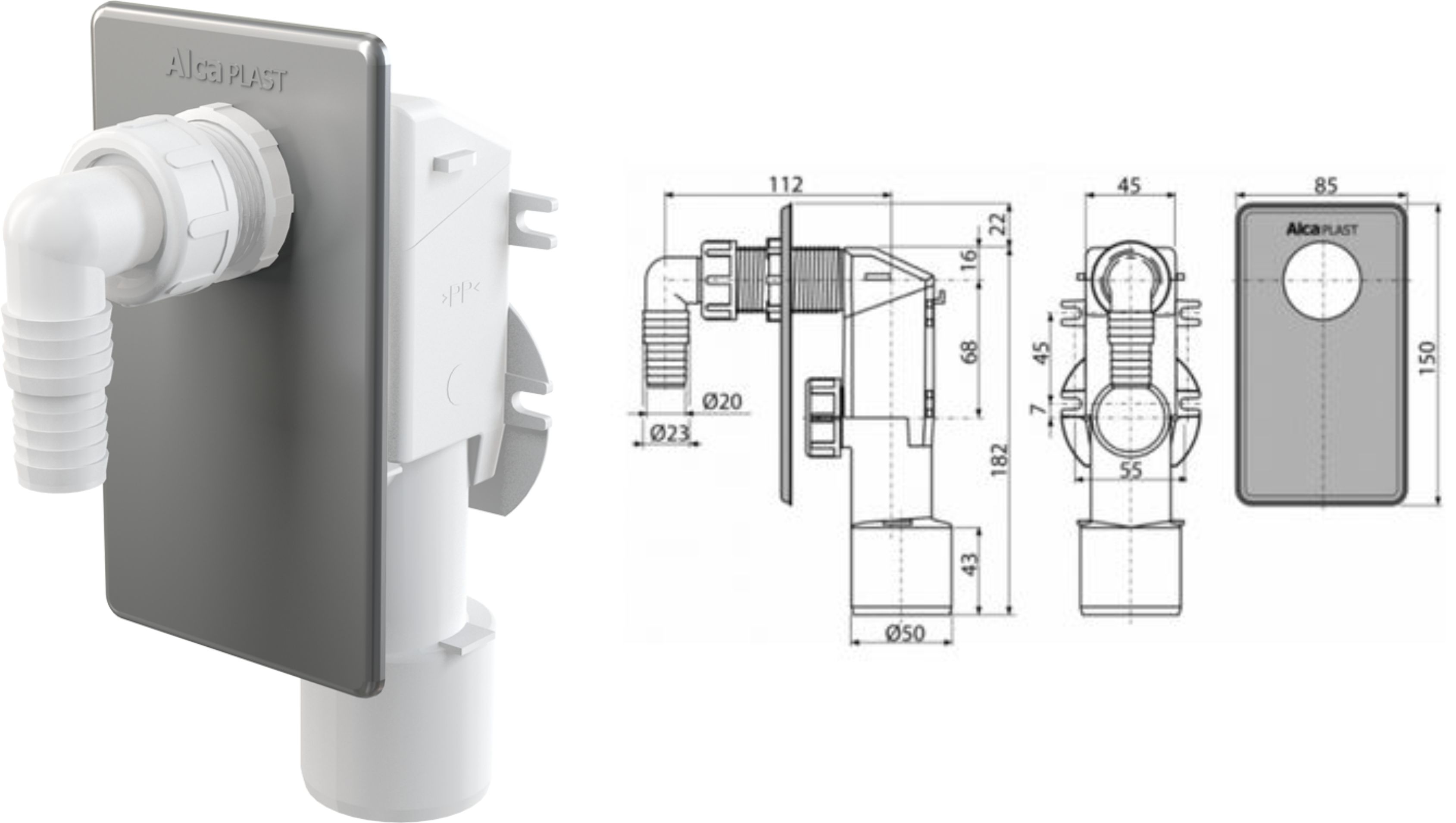 Сифон для стиральной машины под штукатурку хромированный, APS3 AlcaPlast