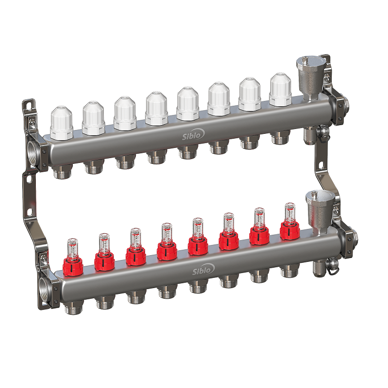 Коллекторная группа 1"х8 вых. Евроконус 3/4" с расходомерами, автомат. воздухоотвод Sibio (нерж. сталь)