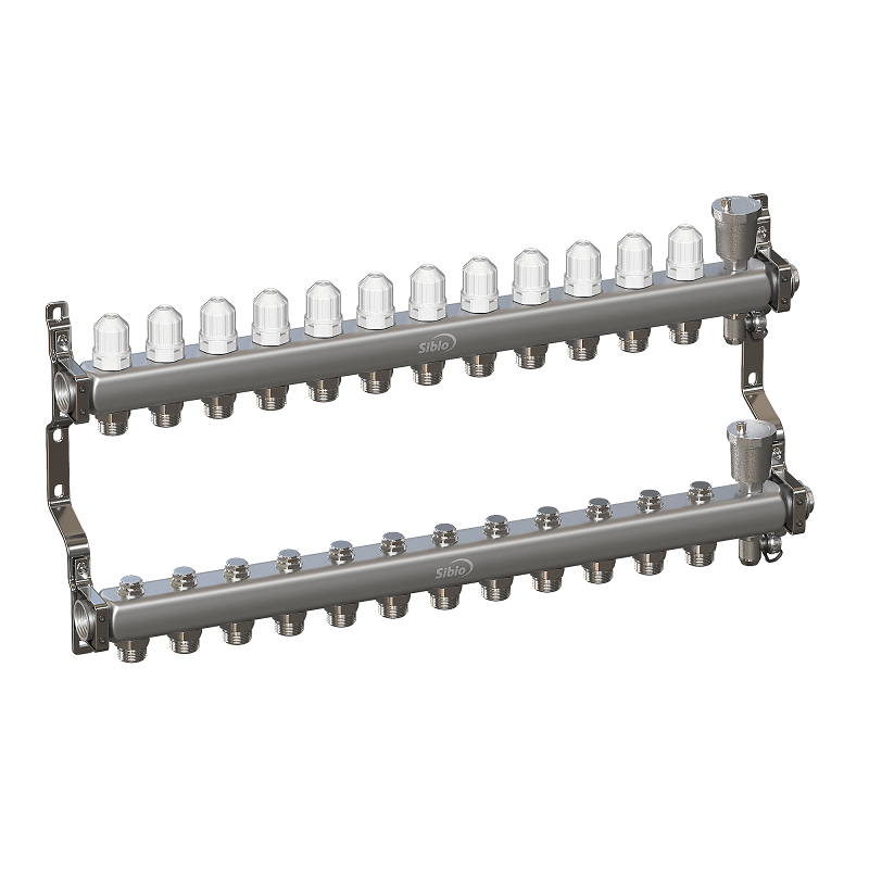 Коллекторная группа 1"х12 вых. Евроконус 3/4" без расходомеров, автомат. воздухоотвод Sibio (нерж. сталь)