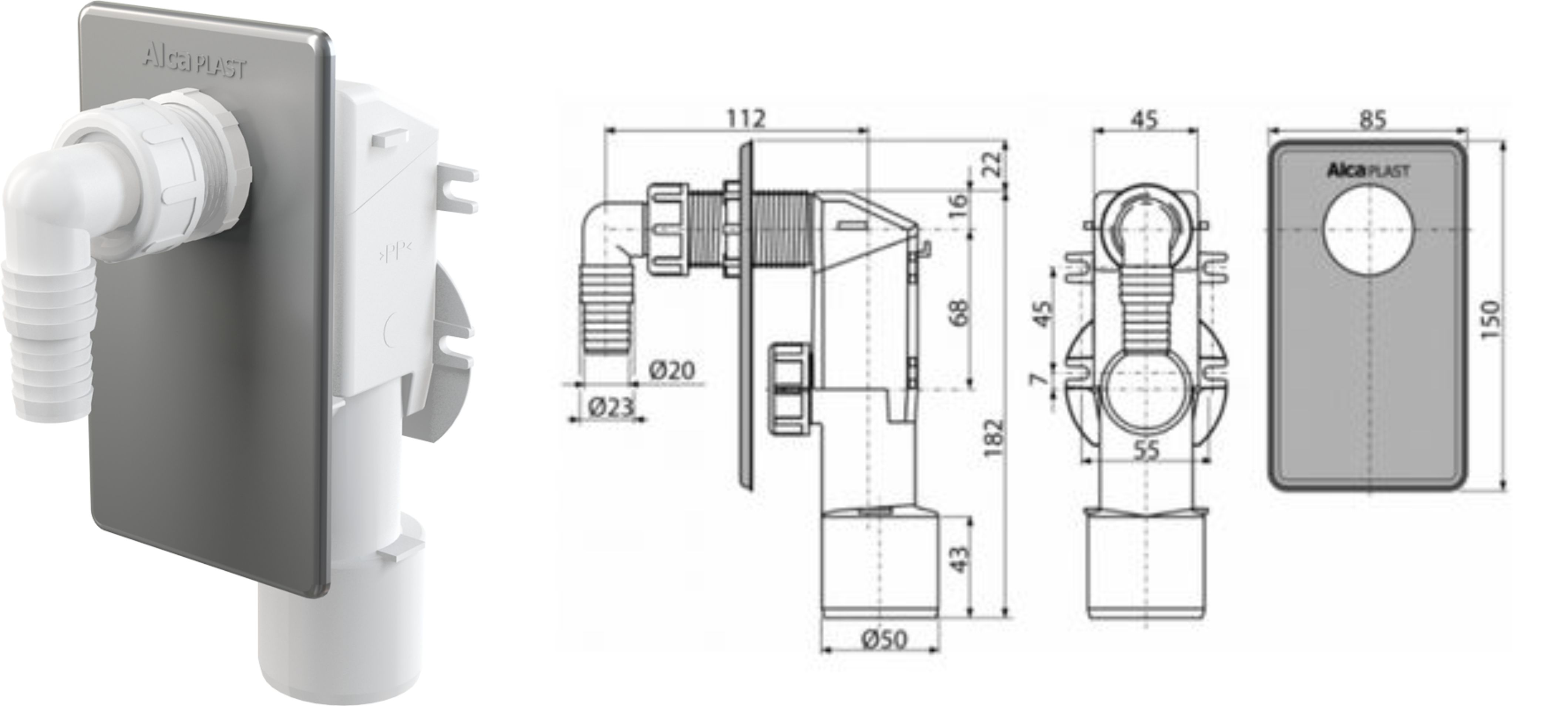 Сифон для стиральной машины под штукатурку хромированный, APS3 AlcaPlast