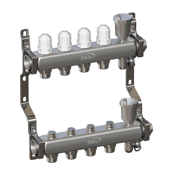 Коллекторная группа 1"х4 вых. Евроконус 3/4" без расходомеров, автомат. воздухоотвод Sibio (нерж. сталь)
