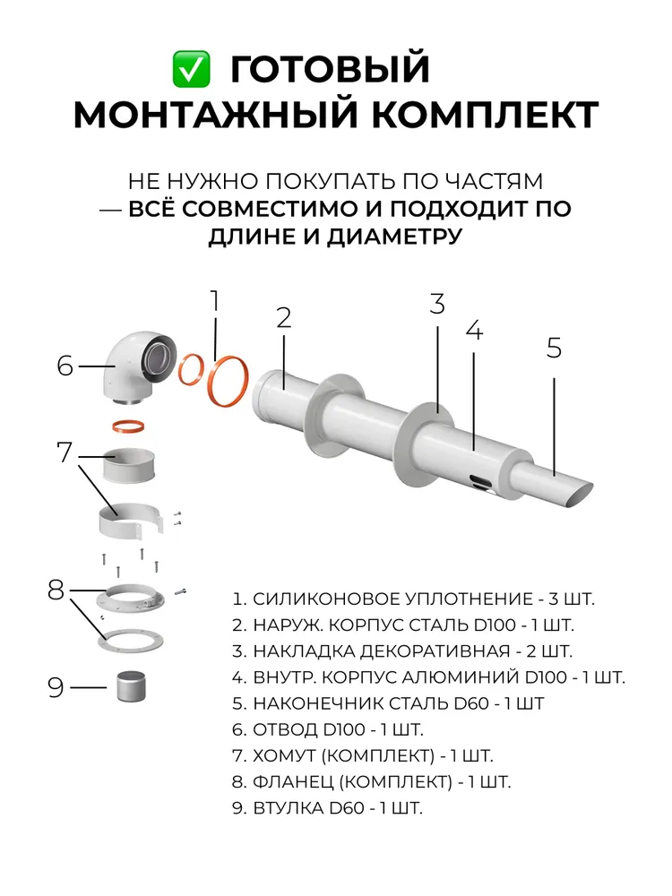 Комплект дымохода АНТИЛЕД универсальный D60/100 L1220 мм (рабочая длина 1000мм) (кроме Immergas)косой стальной наконечник KRATS