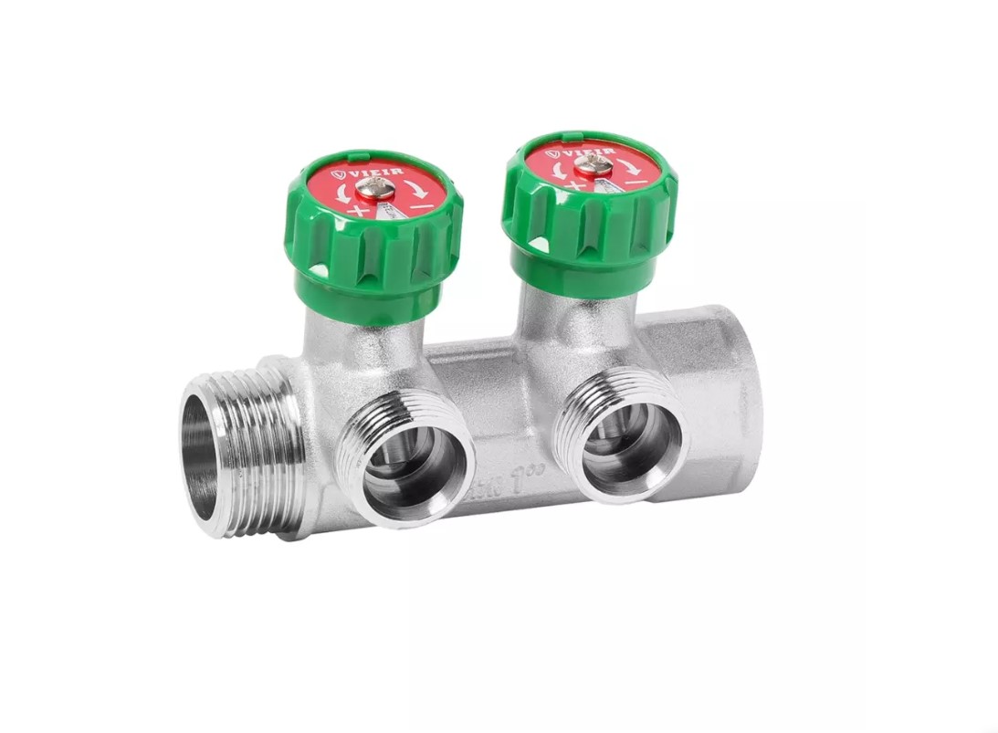 Коллектор с регул. вентилями 1"х2 вых. евроконус 3/4" (на подающий трубопровод) Vieir