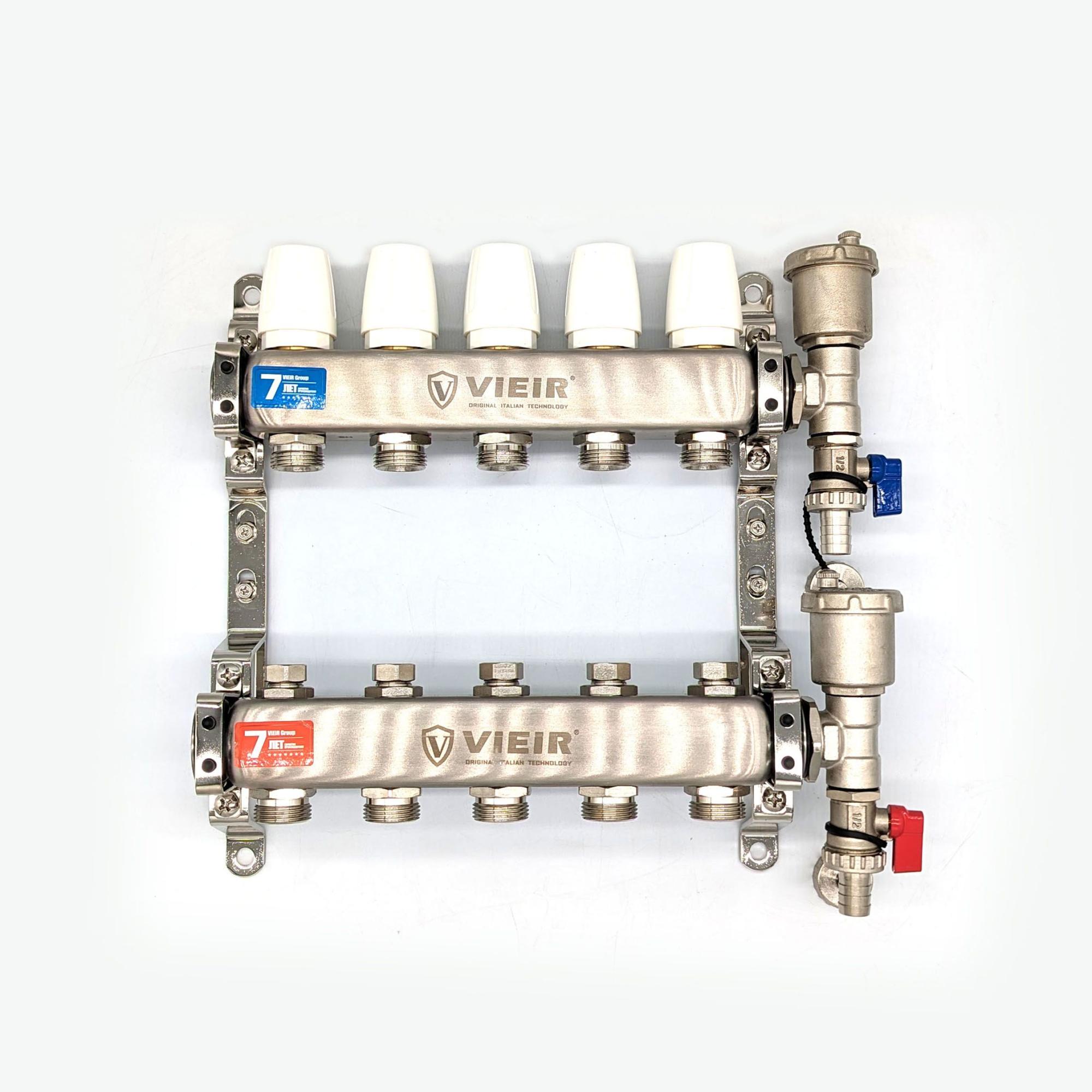 Коллекторная группа 1"х5 вых. Евроконус 3/4" без расходомеров, автомат. воздухоотвод Vieir (нерж. сталь) 