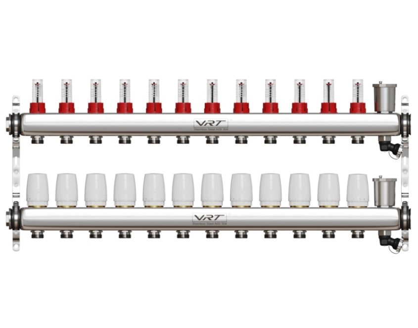Коллекторная группа 1"х12 вых. Евроконус 3/4" с расходомерами, автомат. воздухоотвод VRT (нерж. ста