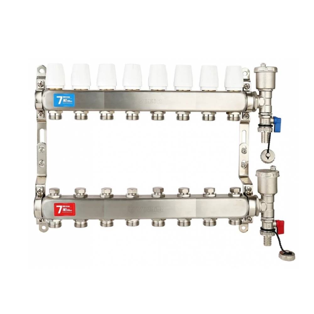 Коллекторная группа 1"х8 вых. Евроконус 3/4" без расходомеров, автомат. воздухоотвод Vieir (нерж. сталь) 