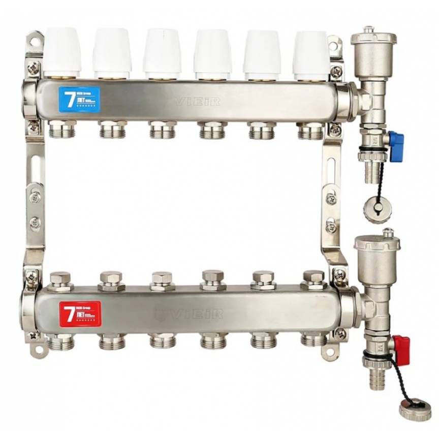 Коллекторная группа 1"х6 вых. Евроконус 3/4" без расходомеров, автомат. воздухоотвод Vieir (нерж. ст