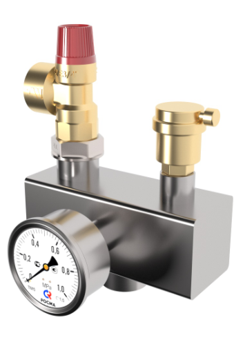 Группа безопасности котла до 100 кВт 3 бар BSGSS-100 (нерж. сталь AISI 304, предохранительный клапан, воздухоотоводчик) GIDRUSS