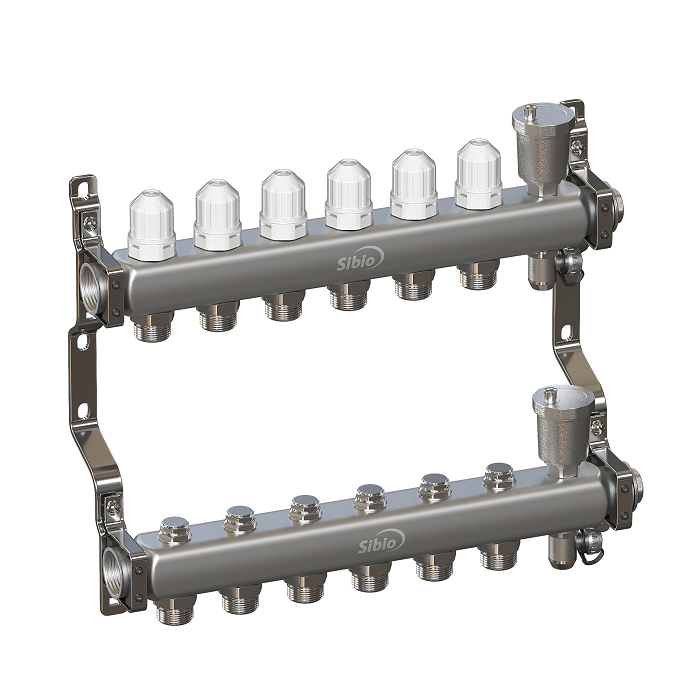 Коллекторная группа 1"х6 вых. Евроконус 3/4" без расходомеров, автомат. воздухоотвод Sibio (нерж. сталь)