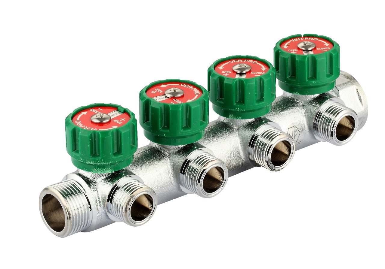 Коллектор с регул. вентилями 1"х4 вых. плоский 3/4" (25/1шт) Vieir