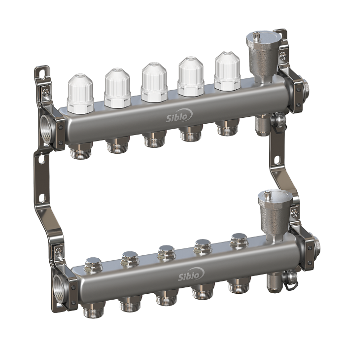 Коллекторная группа 1"х5 вых. Евроконус 3/4" без расходомеров, автомат. воздухоотвод Sibio (нерж. сталь)