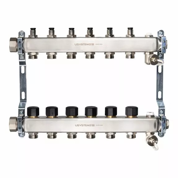 Коллектор UN с клапанами стальной с накидной гайкой, выходы 6x3/4 Евроконус USYSTEMS 