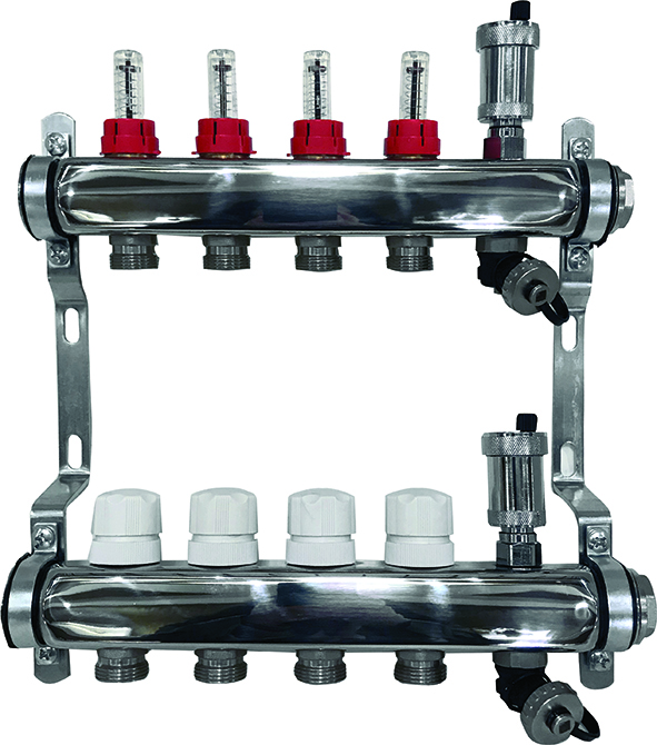 Коллекторная группа 1"х11 вых. Евроконус 3/4" с расходомерами, автомат. воздухоотвод AQUALINK  (нерж. сталь)