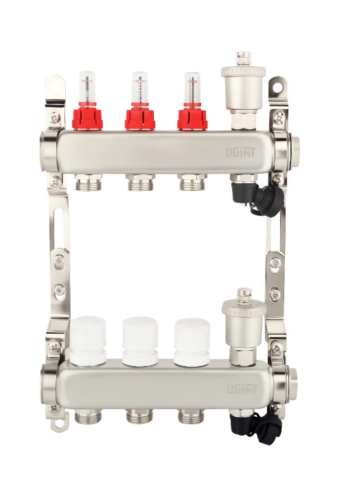 Коллекторная группа 1"х5 вых. Евроконус 3/4" с расходомерами, автомат. воздухоотвод Ogint (нерж. сталь)