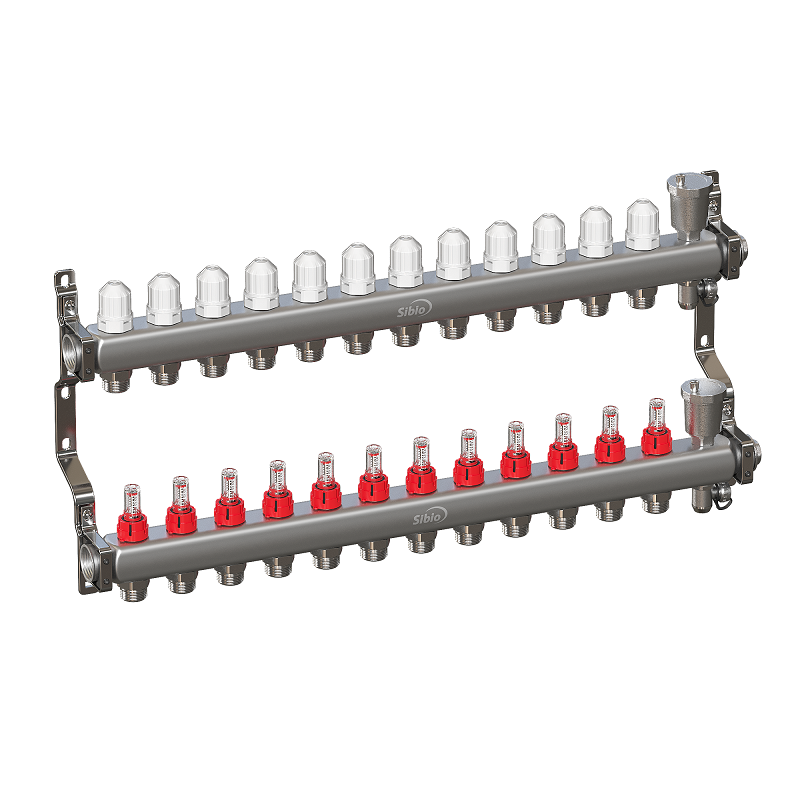 Коллекторная группа 1"х12 вых. Евроконус 3/4" с расходомерами, автомат. воздухоотвод Sibio (нерж. сталь)