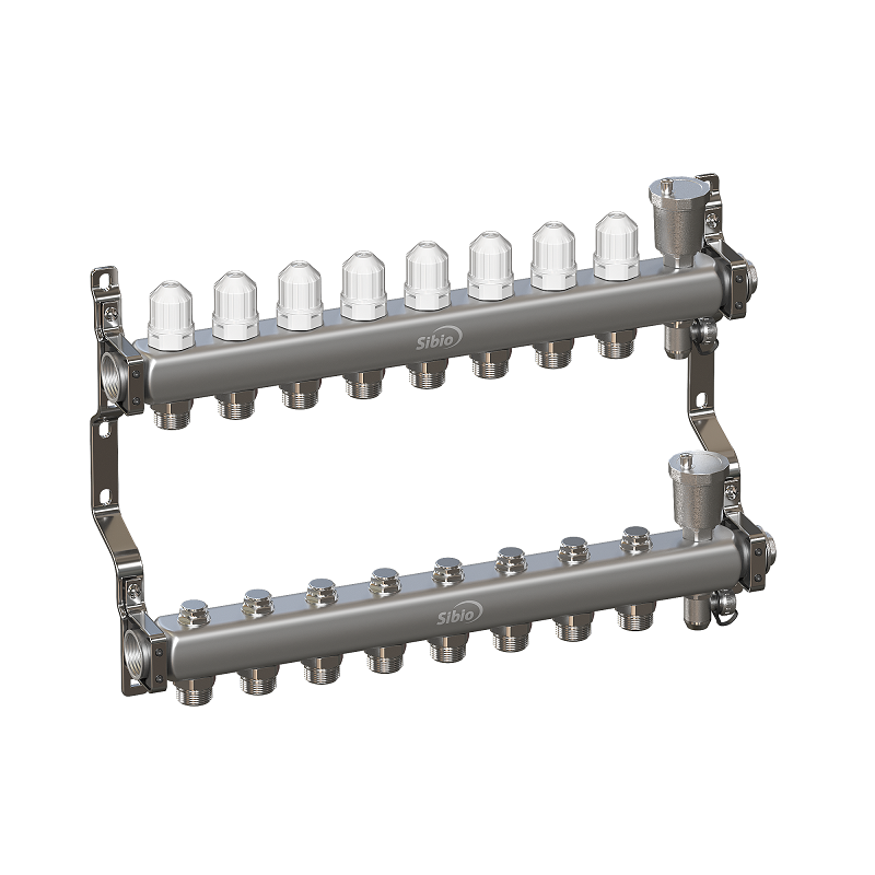 Коллекторная группа 1"х8 вых. Евроконус 3/4" без расходомеров, автомат. воздухоотвод Sibio (нерж. сталь)