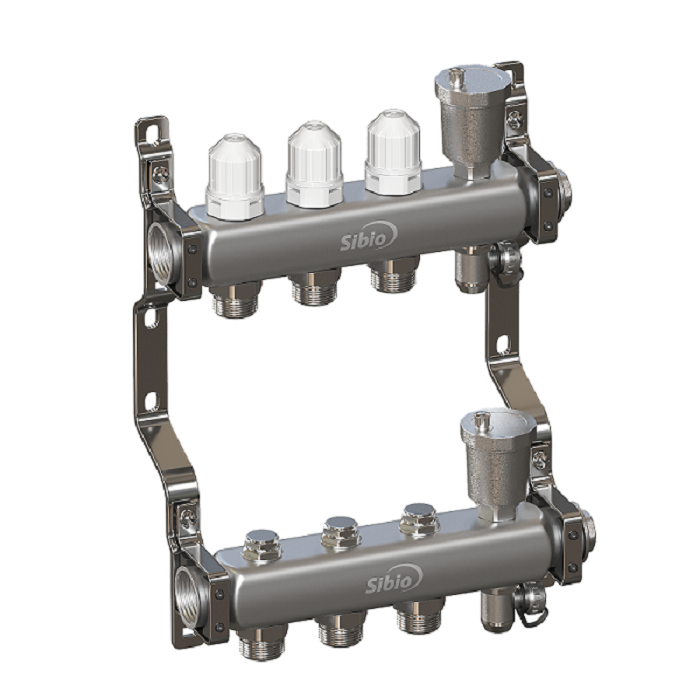 Коллекторная группа 1"х3 вых. Евроконус 3/4" без расходомеров, автомат. воздухоотвод Sibio (нерж. сталь)